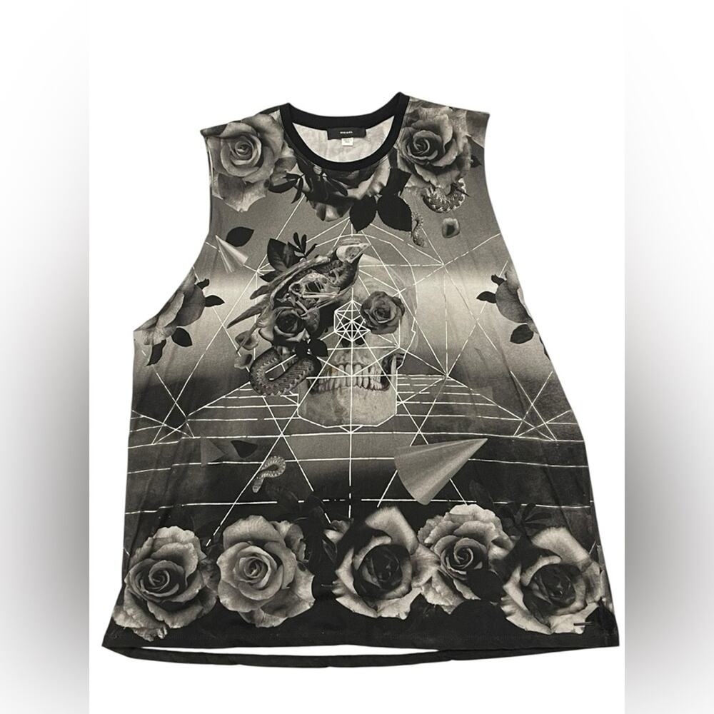 Diesel Geometric Skull Rose Muscle Tee - Black and Gray XL